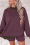 Striped Ribbed Patchwork Mock Neck Baggy Pullover Short Set