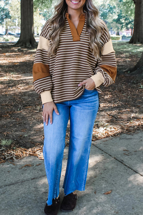 Striped Textured Collar V Neck Long Sleeve Pullover Top