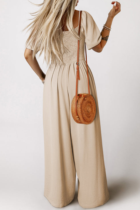 Solid Short Bubble Sleeve Smocked Wide Leg Jumpsuit