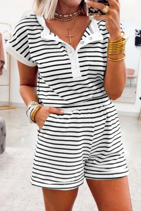 Preppy Striped Half Button Top And Short Set