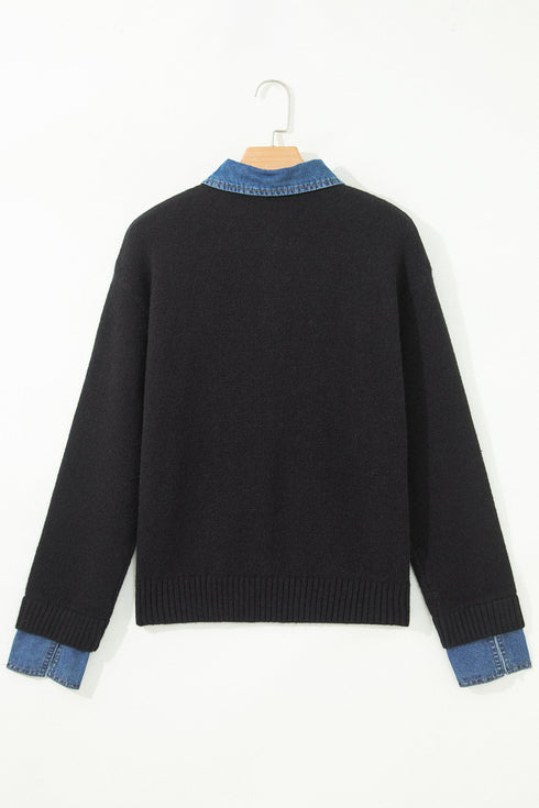 Denim Patchwork Collar Cuffed Mixed Texture Knit Sweater