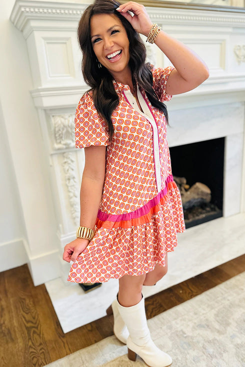 Geometric Patchwork Print Button Front Ruffle Hem Floral Dress