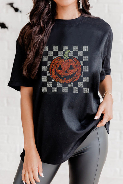 Rhinestone Pumpkin Embellished Harvest Motif Graphic Tee