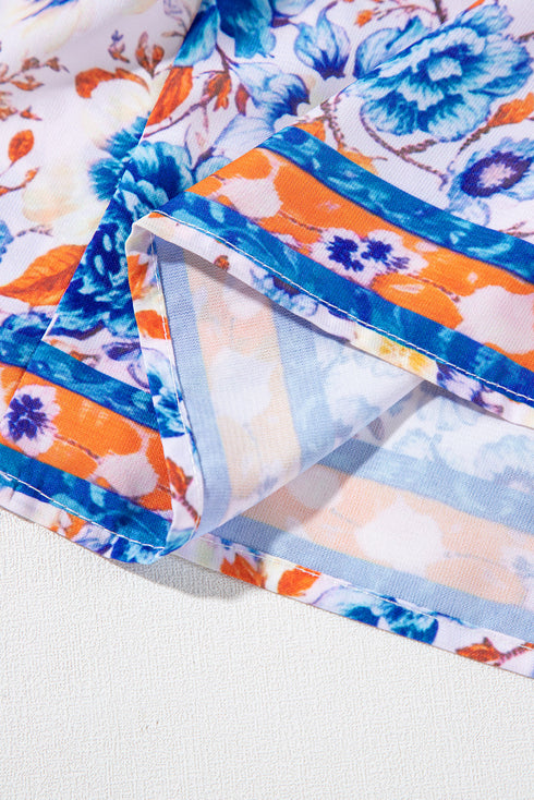 Mixed Floral Print Tie Split Neck Short Sleeve Dress