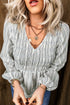 Striped Textured V Neck Shirred Southern Belle Long Sleeve Blouse