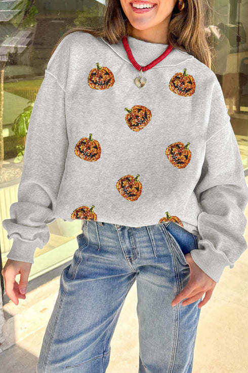 Sequined Pumpkin Graphic Exposed Seam Mock Neck Sweatshirt