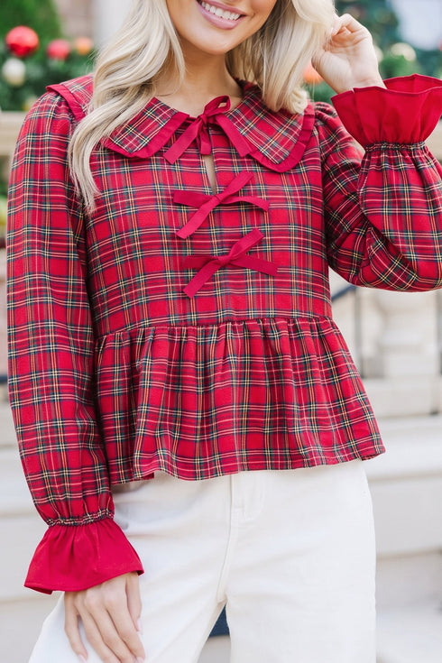 Plaid Tie Neck Ruffle Cuff Long Sleeve Blouse