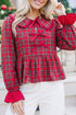 Plaid Tie Neck Ruffle Cuff Long Sleeve Blouse
