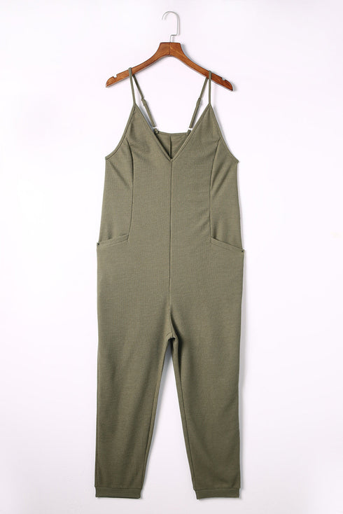 Exclusive Textured Ribbed Sleeveless V Neck Pocketed Jumpsuit