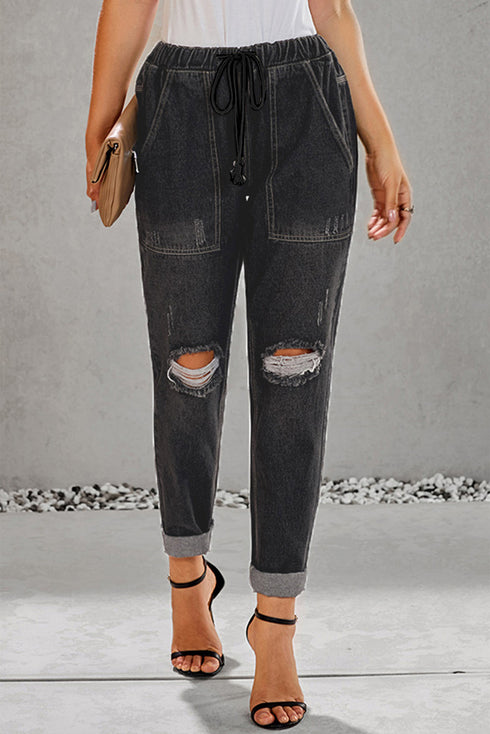 Casual Distressed Pocketed Denim Jogger Jeans
