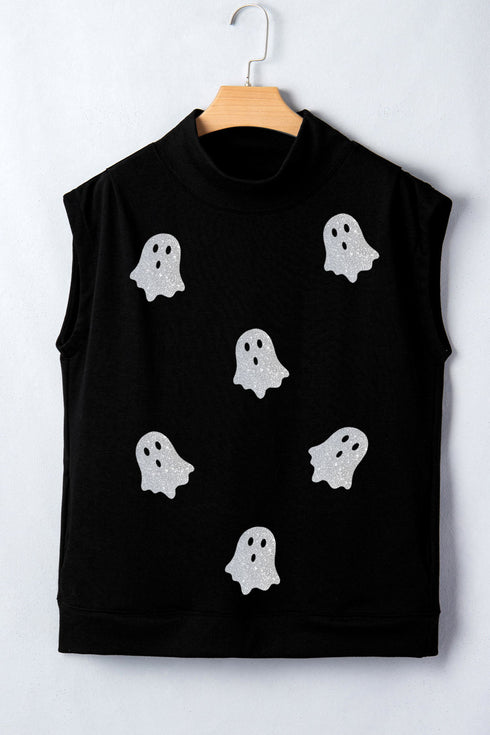 Glitter Ghost Print High Neck Graphic Tank Top