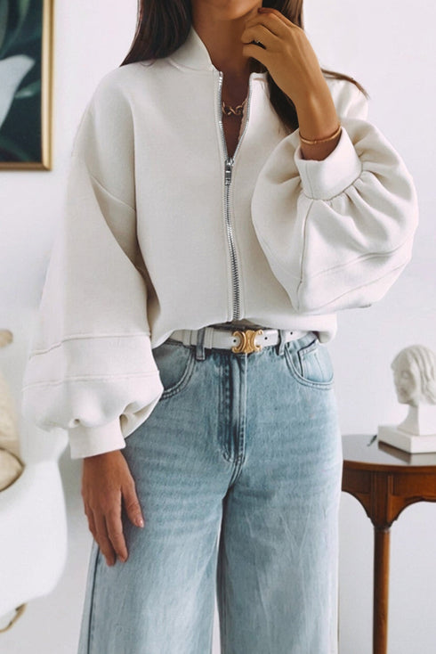 Casual Zip Up Knit Puff Sleeve Jacket