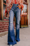 Distressed Western Style Button Fly High Waist Flare Jeans