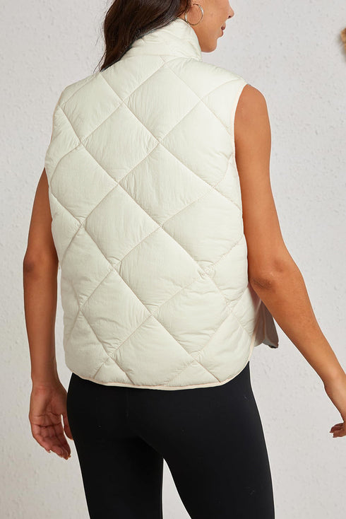 Solid Quilted High Neck Button Up Pocket Vest