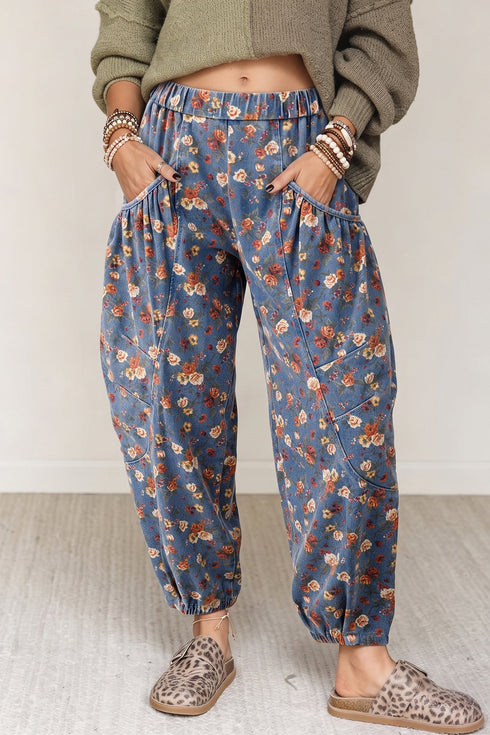 Retro Floral Print Elastic Waist Pocketed Barrel Jeans