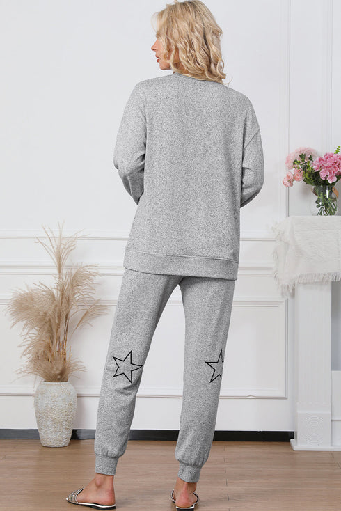 Star Print Long Sleeve Drawstring High Waist Pant Set