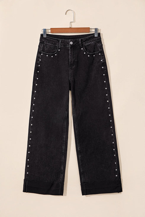 Cotton Denim Studded Straight Leg Loose Jeans
