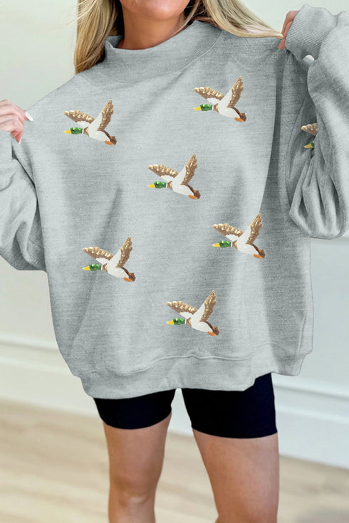 Sequin Mallard Graphic Mock Neck Baggy Pullover Sweatshirt