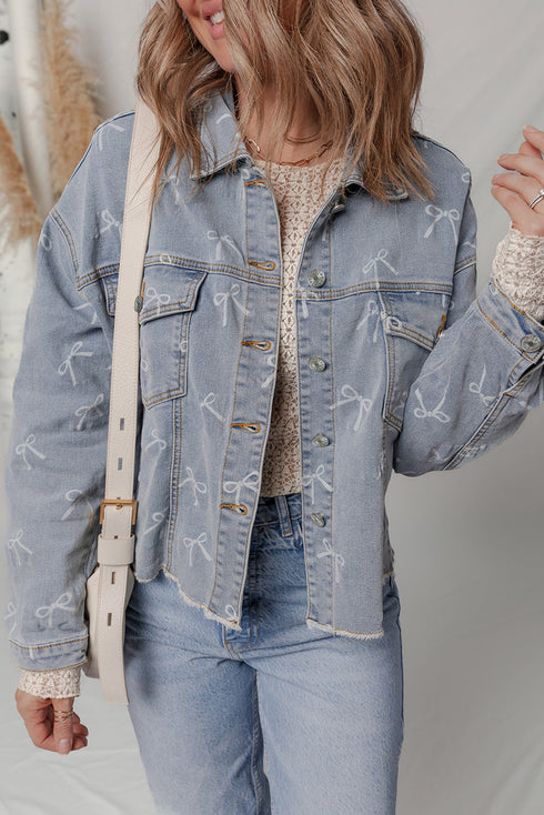 Bow Knot Print Raw Hem Washed Denim Jacket