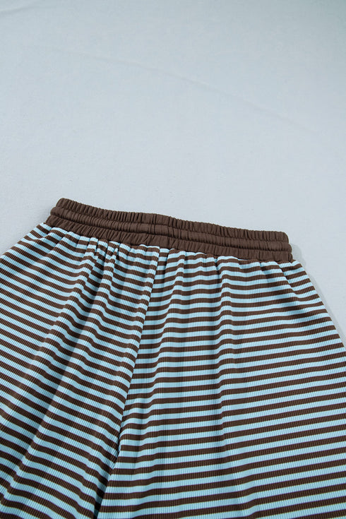 Striped Oversized Long Sleeve Top Drawstring Loose Shorts Two Piece Short Set