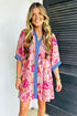 Floral Print Patchwork Striped Trim Half Sleeve Mini Dress