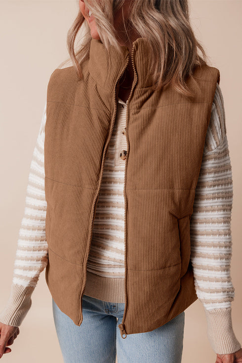 Textured Corduroy Stand Neck Zipped Puffer Vest