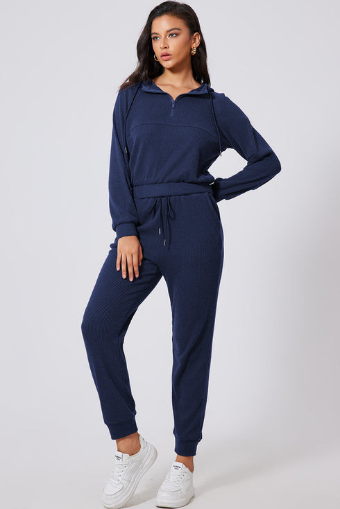 Ribbed Knit Half Zip Hooded Jogger Jumpsuit