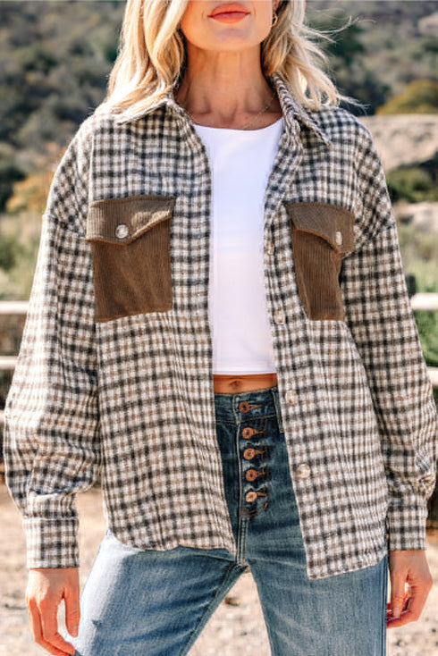 Corduroy Textured Patchwork Flap Pocket Plaid Shacket