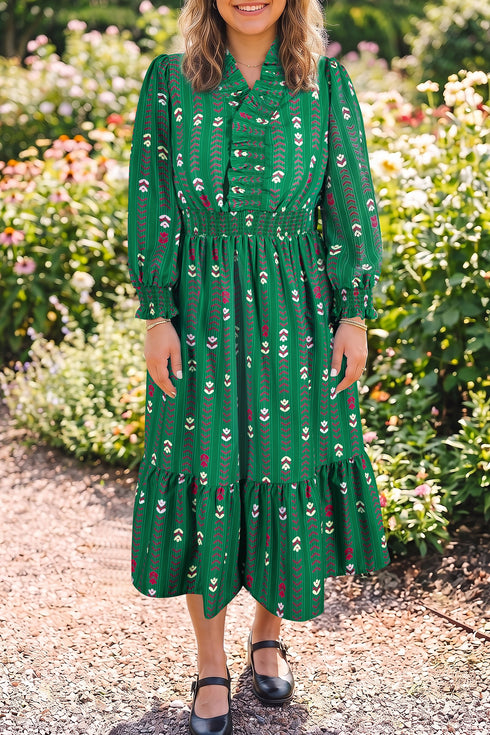 Floral Print V Neck Long Sleeve Shift Dress