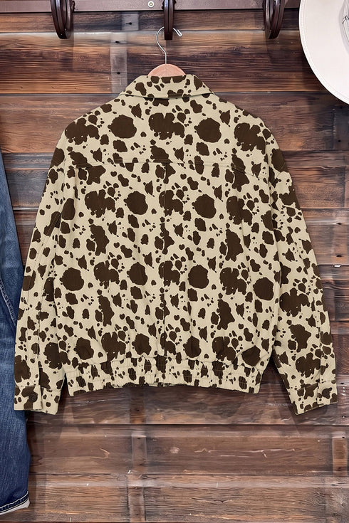 Western Cow Print Cargo Pocket Denim Jacket