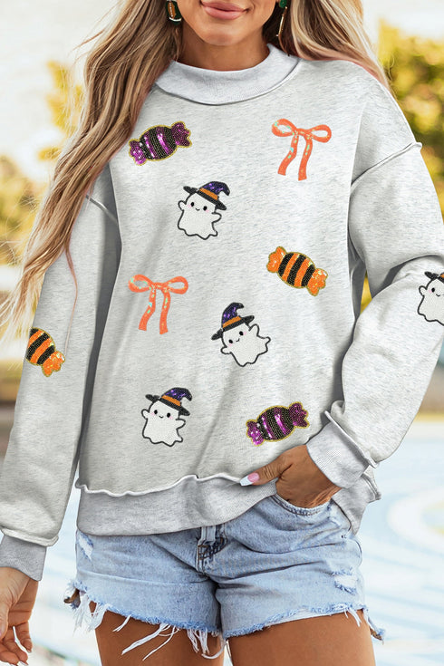 Sequin Ghost And Candy Graphic Pullover Sweatshirt