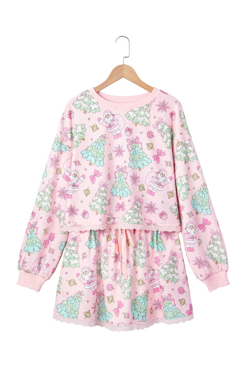 Floral Print Lace Trim Long Sleeve Skirt Dress Set