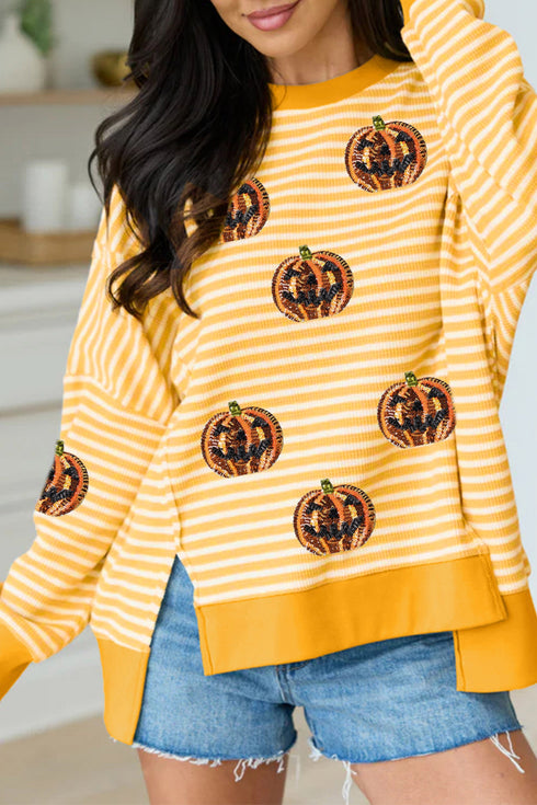 Sequin Pumpkin Face Stripe Split Side Long Sleeve Tee
