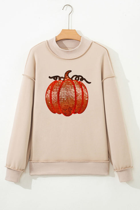 Sequined Pumpkin Graphic High Neck Baggy Sweatshirt