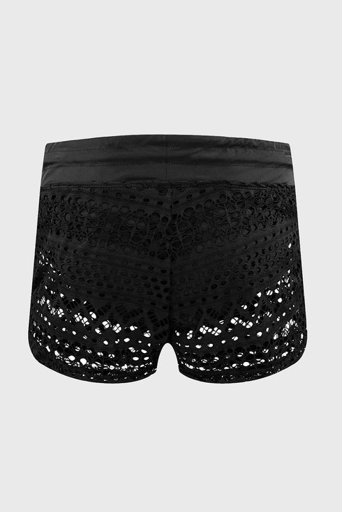 Geometric Openwork Drawstring Waist Swim Cover Up Shorts