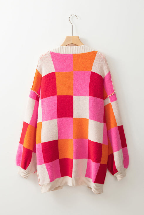Checkered Drop Shoulder Exposed Seam Open Front Cardigan