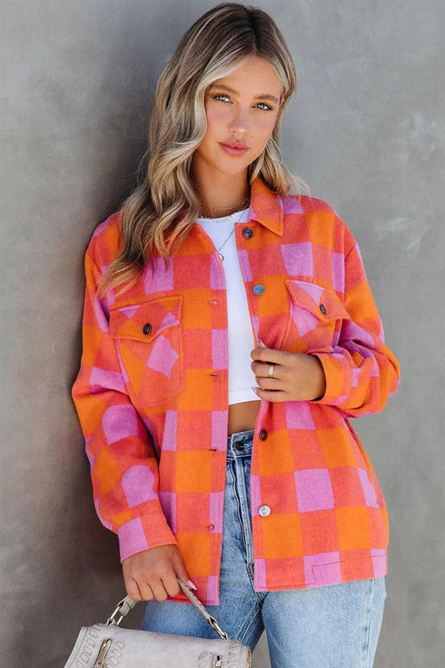 Checkered Plaid Chest Pocket Turn Down Collar Jacket