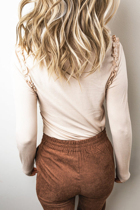 Ribbed Round Neck Frill Detail Long Sleeve Top