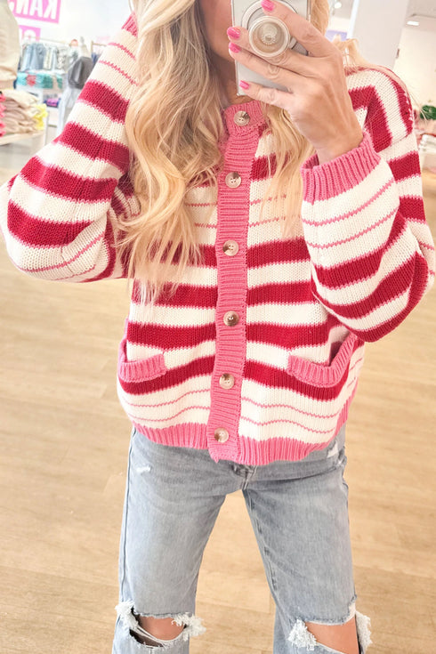 Striped V Neck Long Sleeve Regular Fit Cardigan