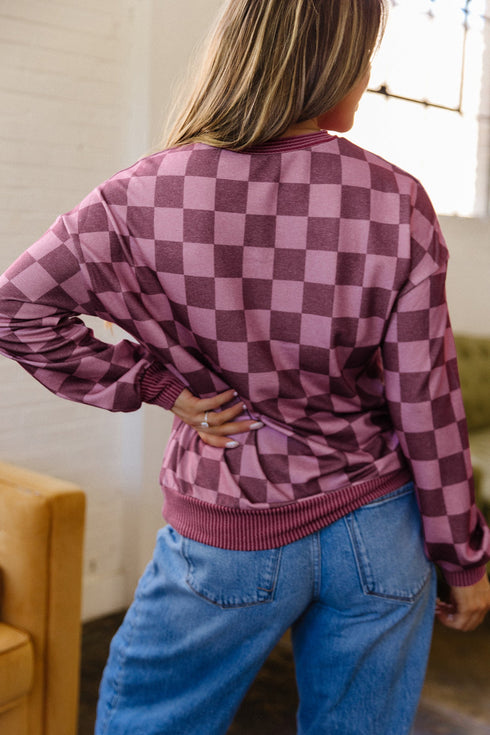 Ribbed Trim Checkered Print Long Sleeve Pullover Top