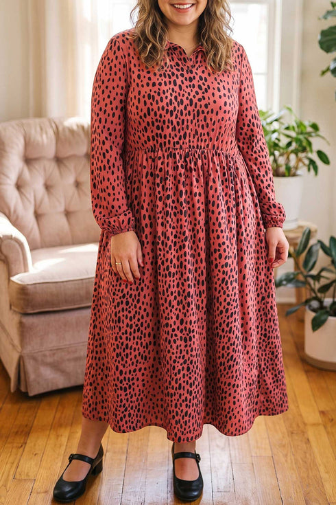 Leopard Print Long Sleeve V Neck Midi Dress