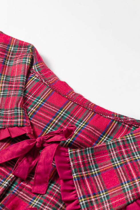 Plaid Tie Neck Ruffle Cuff Long Sleeve Blouse