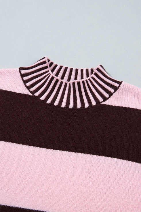 Striped High Neck Dropped Shoulder Relaxed Pullover Sweater