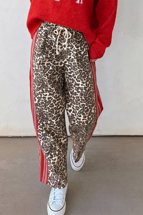 Leopard Patchwork Elastic Waist Panel Detail Jeans