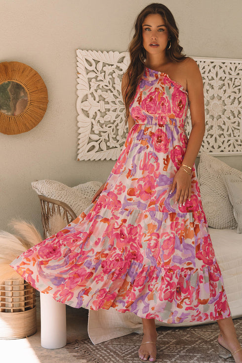 Abstract Floral Shirred One Shoulder Maxi Dress