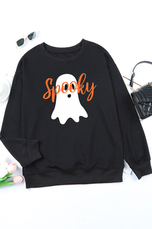 Playful Ghost Script Graphic Oversized Pullover Sweatshirt