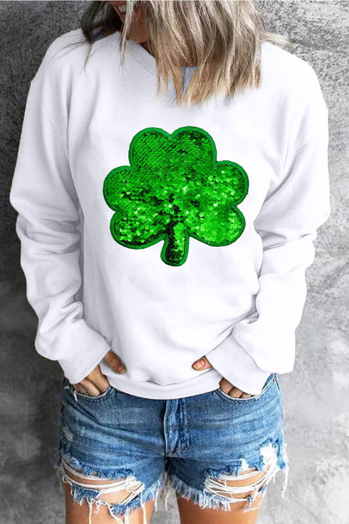 Shimmering Sequin Clover Graphic Crewneck Pullover Sweatshirt