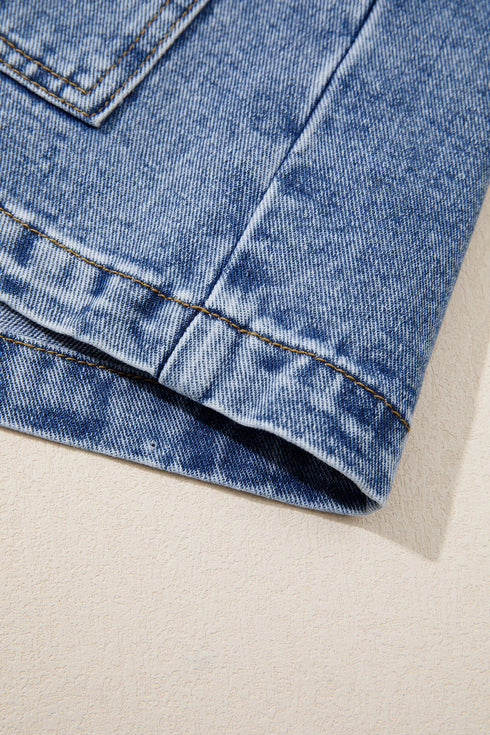 Patchwork Leather Collar Long Sleeve Denim Jacket