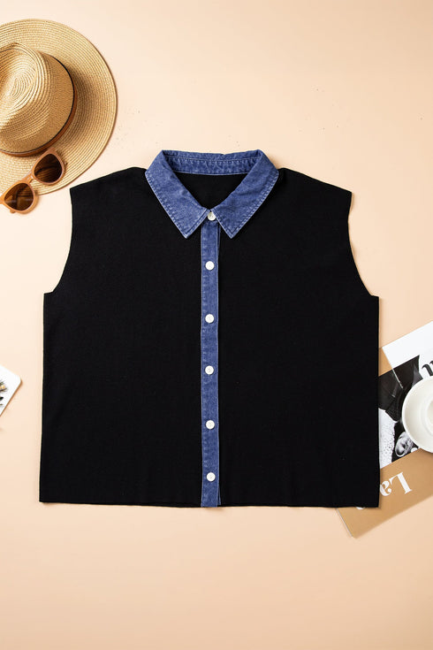 Sleeveless Patchwork V Neck Tunic Silhouette Cardigan