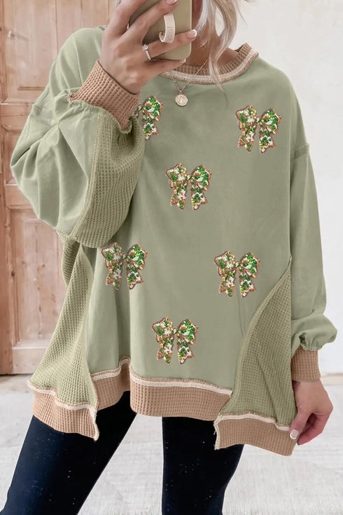 Polyester Sequin Bow Patchwork Waffle Loose Sweatshirt